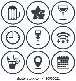 Clock, wifi and stars icons. Alcoholic drinks icons. Champagne sparkling wine and beer symbols. Wine glass and cocktail signs. Calendar symbol.