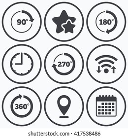Clock, wifi and stars icons. Angle 45-360 degrees circle icons. Geometry math signs symbols. Full complete rotation arrow. Calendar symbol.
