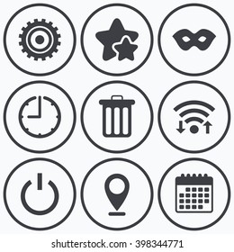 Clock, wifi and stars icons. Anonymous mask and cogwheel gear icons. Recycle bin delete and power sign symbols. Calendar symbol.