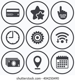 Clock, wifi and stars icons. ATM cash machine withdrawal icons. Insert bank card, click here and check PIN, processing and get cash symbols. Calendar symbol.