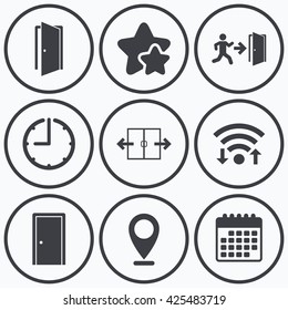 Clock, wifi and stars icons. Automatic door icon. Emergency exit with human figure and arrow symbols. Fire exit signs. Calendar symbol.