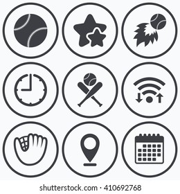 Clock, wifi and stars icons. Baseball sport icons. Ball with glove and two crosswise bats signs. Fireball symbol. Calendar symbol.