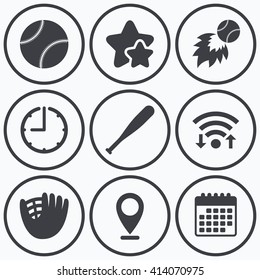 Clock, wifi and stars icons. Baseball sport icons. Ball with glove and bat signs. Fireball symbol. Calendar symbol.
