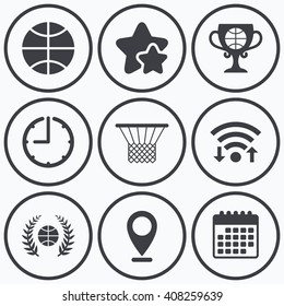 Clock, wifi and stars icons. Basketball sport icons. Ball with basket and award cup signs. Laurel wreath symbol. Calendar symbol.