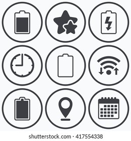 Clock, wifi and stars icons. Battery charging icons. Electricity signs symbols. Charge levels: full, empty. Calendar symbol.