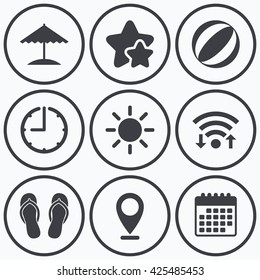 Clock, wifi and stars icons. Beach holidays icons. Ball, umbrella and flip-flops sandals signs. Summer sun symbol. Calendar symbol.