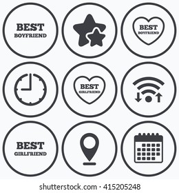 Clock, wifi and stars icons. Best boyfriend and girlfriend icons. Heart love signs. Award symbol. Calendar symbol.