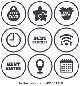 Clock, wifi and stars icons. Best mom and dad, brother and sister icons. Weight and flower signs. Award symbols. Calendar symbol.