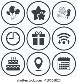 Clock, wifi and stars icons. Birthday party icons. Cake and gift box signs. Air balloons and fireworks symbol. Calendar symbol.