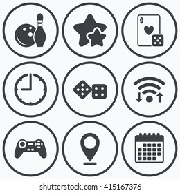 Clock, wifi and stars icons. Bowling and Casino icons. Video game joystick and playing card with dice symbols. Entertainment signs. Calendar symbol.