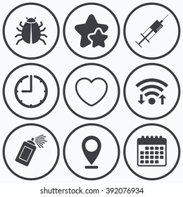 Clock, wifi and stars icons. Bug and vaccine syringe injection icons. Heart and spray can sign symbols. Calendar symbol.