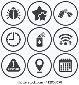 Clock, wifi and stars icons. Bug disinfection icons. Caution attention symbol. Insect fumigation spray sign. Calendar symbol.