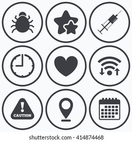 Clock, wifi and stars icons. Bug and vaccine syringe injection icons. Heart and caution with exclamation sign symbols. Calendar symbol.