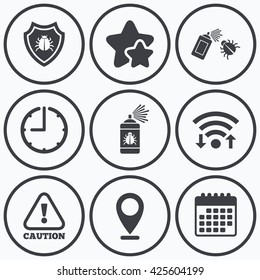 Clock, wifi and stars icons. Bug disinfection icons. Caution attention and shield symbols. Insect fumigation spray sign. Calendar symbol.
