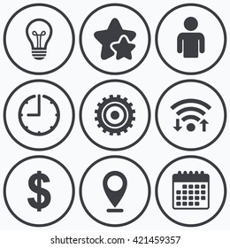 Clock, wifi and stars icons. Business icons. Human silhouette and lamp bulb idea signs. Dollar currency and gear symbols. Calendar symbol.