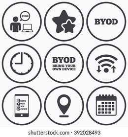 Clock, wifi and stars icons. BYOD icons. Human with notebook and smartphone signs. Speech bubble symbol. Calendar symbol.