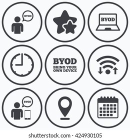 Clock, wifi and stars icons. BYOD icons. Human with notebook and smartphone signs. Speech bubble symbol. Calendar symbol.