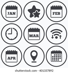 Clock, wifi and stars icons. Calendar icons. January, February, March and April month symbols. Date or event reminder sign. Calendar symbol.