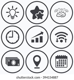 Clock, wifi and stars icons. Chart with arrow, brainstorm icons. Cash money and lamp idea signs. Scheme and Diagram symbol. Calendar symbol.