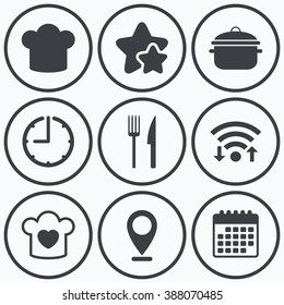 Clock, wifi and stars icons. Chief hat and cooking pan icons. Fork and knife signs. Boil or stew food symbols. Calendar symbol.