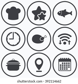 Clock, wifi and stars icons. Chief hat and cooking pan icons. Fish and chicken signs. Boil or stew food symbol. Calendar symbol.