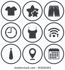 Clock, Wifi And Stars Icons. Clothes Icons. T-shirt And Bermuda Shorts Signs. Business Tie Symbol. Calendar Symbol.