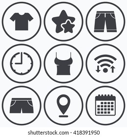 Clock, wifi and stars icons. Clothes icons. T-shirt and bermuda shorts signs. Swimming trunks symbol. Calendar symbol.