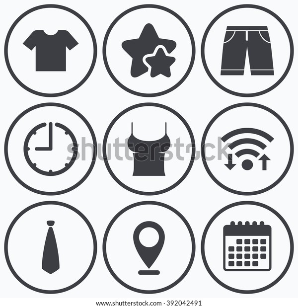 Clock, wifi\
and stars icons. Clothes icons. T-shirt and bermuda shorts signs.\
Business tie symbol. Calendar\
symbol.
