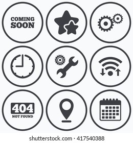 Clock, wifi and stars icons. Coming soon icon. Repair service tool and gear symbols. Wrench sign. 404 Not found. Calendar symbol.