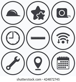 Clock, wifi and stars icons. Construction helmet and wrench key tool icons. Ruler and tape measure roulette sign symbols. Calendar symbol.