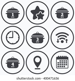 Clock, wifi and stars icons. Cooking pan icons. Boil 1, 2, 3 and 4 minutes signs. Stew food symbol. Calendar symbol.