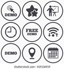 Clock, wifi and stars icons. Demo with cursor icon. Presentation billboard sign. Man standing with pointer symbol. Calendar symbol.