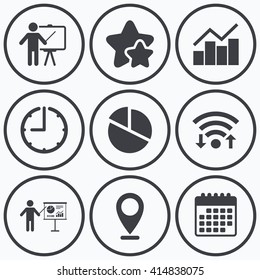 Clock, wifi and stars icons. Diagram graph Pie chart icon. Presentation billboard symbol. Man standing with pointer sign. Calendar symbol.