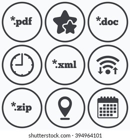Clock, wifi and stars icons. Document icons. File extensions symbols. PDF, ZIP zipped, XML and DOC signs. Calendar symbol.