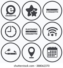 Clock, wifi and stars icons. E-Cigarette with plug icons. Electronic smoking symbols. Speech bubble sign. Calendar symbol.