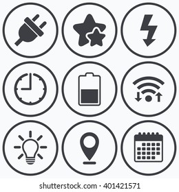 Clock, wifi and stars icons. Electric plug icon. Light lamp and battery half symbols. Low electricity and idea signs. Calendar symbol.
