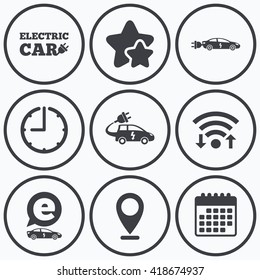 Clock, wifi and stars icons. Electric car icons. Sedan and Hatchback transport symbols. Eco fuel vehicles signs. Calendar symbol.
