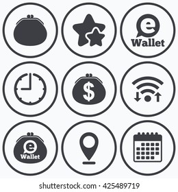 Clock, wifi and stars icons. Electronic wallet icons. Dollar cash bag sign. eWallet symbol. Calendar symbol.