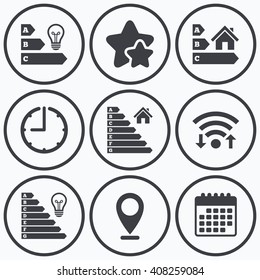 Clock, wifi and stars icons. Energy efficiency icons. Lamp bulb and house building sign symbols. Calendar symbol.