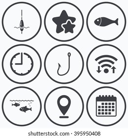 Clock, wifi and stars icons. Fishing icons. Fish with fishermen hook sign. Float bobber symbol. Calendar symbol.