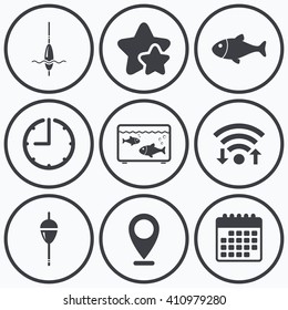 Clock, wifi and stars icons. Fishing icons. Fish with fishermen hook sign. Float bobber symbol. Aquarium icon. Calendar symbol.