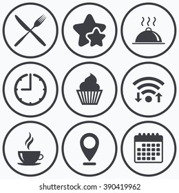 Clock, wifi and stars icons. Food and drink icons. Muffin cupcake symbol. Fork and knife sign. Hot coffee cup. Food platter serving. Calendar symbol.