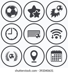 Clock, wifi and stars icons. Football icons. Soccer ball sport sign. Goalkeeper gate symbol. Winner award laurel wreath. Goalscorer fireball. Calendar symbol.