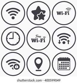 Clock, wifi and stars icons. Free Wifi Wireless Network icons. Wi-fi zone locked symbols. Password protected Wi-fi sign. Calendar symbol.