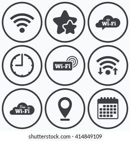 Clock, Wifi And Stars Icons. Free Wifi Wireless Network Cloud Speech Bubble Icons. Wi-fi Zone Sign Symbols. Calendar Symbol.