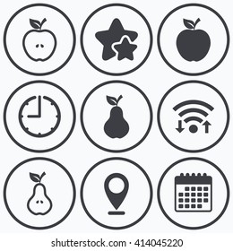 Clock, wifi and stars icons. Fruits with leaf icons. Apple and Pear with seeds signs. Natural food symbol. Calendar symbol.