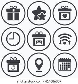 Clock, wifi and stars icons. Gift box sign icons. Present with bow and ribbons symbols. Engagement ring sign. Video game joystick. Calendar symbol.