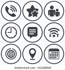 Clock, wifi and stars icons. Group of people and share icons. Speech bubble and round the world arrow symbols. Communication signs. Calendar symbol.
