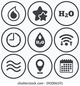 Clock, wifi and stars icons. H2O Water drop icons. Tear or Oil drop symbols. Calendar symbol.