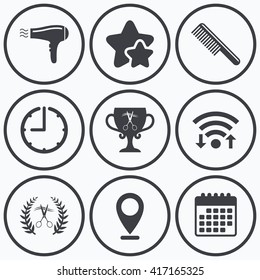 Clock, wifi and stars icons. Hairdresser icons. Scissors cut hair symbol. Comb hair with hairdryer symbol. Barbershop laurel wreath winner award. Calendar symbol.